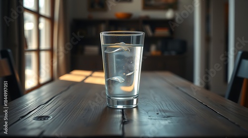 A glass of water with ice cubes on a wooden table in a room with a window and a bookshelf behind it