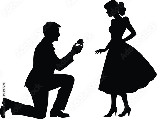 Silhouette of a man kneeling and offering an engagement ring to a woman in a romantic proposal scene