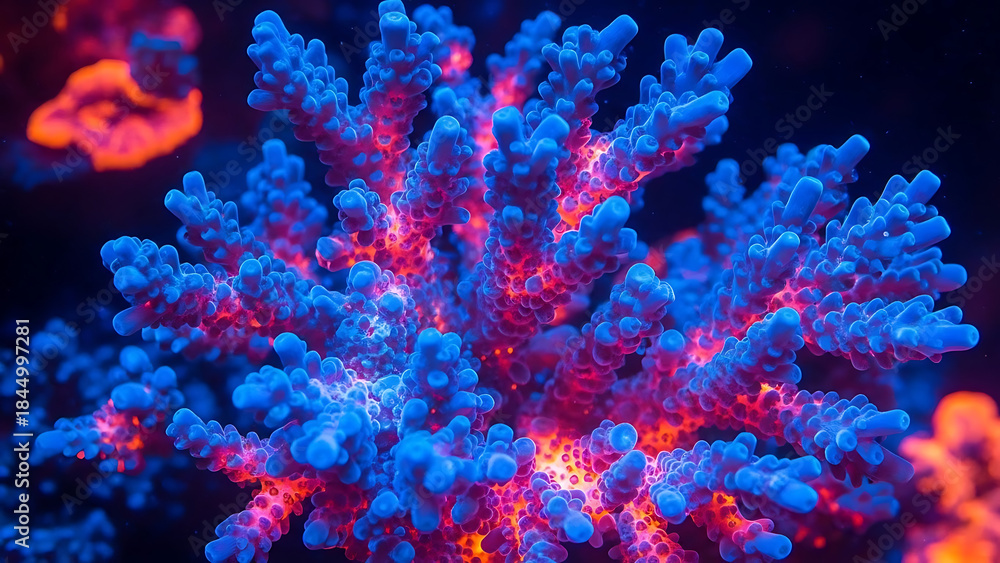 Fototapeta premium Blue coral with red glow in dark water showing underwater ocean marine