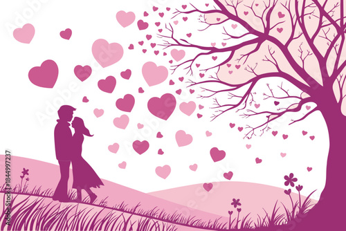 A silhouette illustration of a loving couple embracing under a heart-filled sky near a large tree
