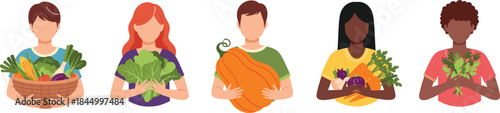 People holding fresh vegetables concept with diverse farmers and healthy organic food harvest flat vector illustration