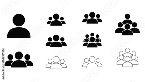 Diverse groups of people represented by black and white silhouette icons