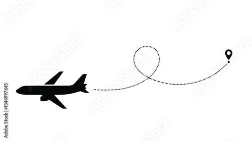 Airplane flight path with a destination marker simple black and white illustration