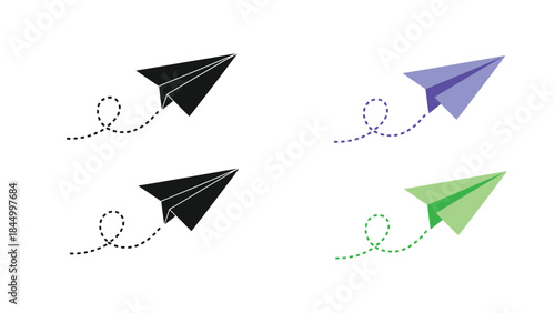 Four paper airplanes with dotted flight paths in various colors