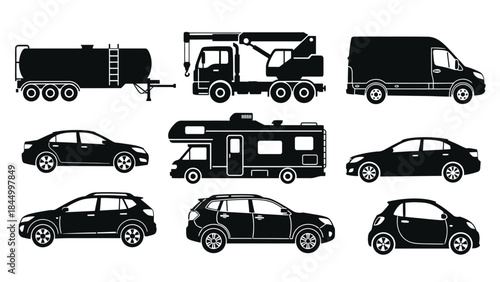 Variety of vehicle silhouettes trucks cars rv and more transportation options