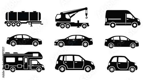 A collection of various vehicle types in a black silhouette style