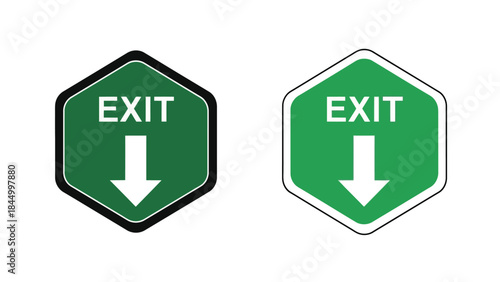 Two green exit signs with downward arrows in a hexagonal shape