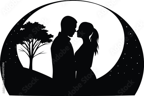 A romantic silhouette illustration of a loving couple embracing under a crescent moon with stars