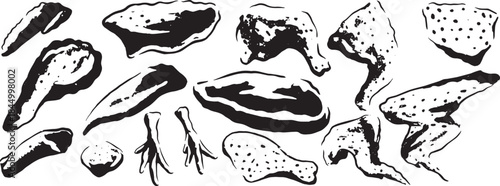 This black and white chicken parts silhouette set is ideal for food design, butcher shop branding, restaurant menus, and culinary graphics.