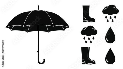 Rainy weather icons umbrella boots clouds and raindrops in black and white