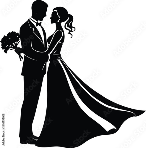 A romantic silhouette illustration of a newlywed couple embracing on their wedding day