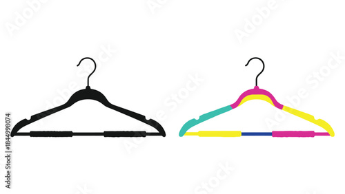 Two clothing hangers one black and one multicolored displayed on a white background