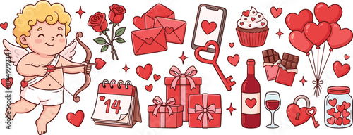 Cute Valentine’s Day illustration set with cupid, hearts, gifts, roses, love icons, romantic celebration elements for greeting cards, posters