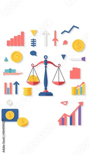 Flat design illustration of a trade vector with various symbols like scales, coins, arrows, and graphs in a minimalist, micro style, vector art, minimalist