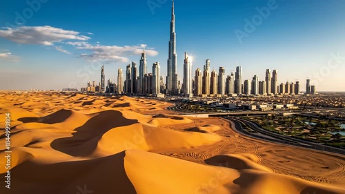 Modern Cityscape Against Desert Dunes - This stunning video showcases a juxtaposition of a modern skyline dominated by towering buildings set against the expansive golden dunes of a desert.