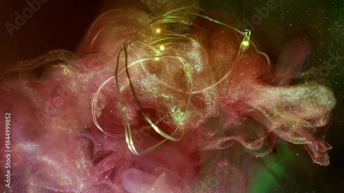 Paint swirl. Defocused fume wave. Pink yellow fog mix ink in green liquid. Light bulb glow garland on shimmering color abstract black background.