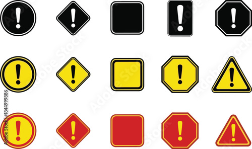 Warning alert icons vector set, exclamation mark symbols in red yellow black, caution danger notification sign collection