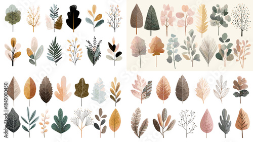 A gentle watercolor collection of botanical leaves in warm earthy and pastel tones, perfect for nature design, patterns, wedding graphics, décor, and elegant creative projects.