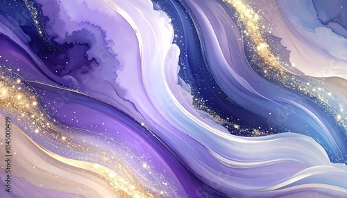 Abstract Swirls of Purple and Gold with Sparkling Glittery Highlights and Fluid Marble Texture