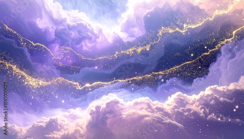 Dreamlike Fantasy Sky with Ethereal Clouds, Golden Streaks, and Sparkling Stars