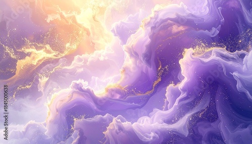 Luminous Abstract Cloudscape with Swirling Purple and Golden Hues, Evoking a Dreamy Ethereal Atmosphere of Serenity and Wonder