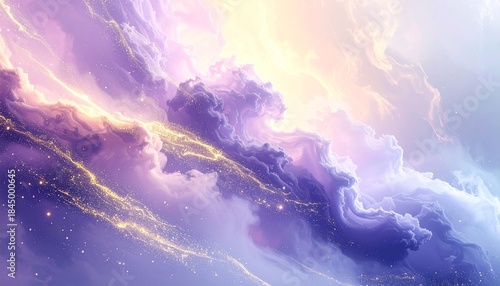 Ethereal Cosmic Sky with Golden Sparkles and Purple Hues, a Dreamlike Abstract Cloudscape Illustrating a Celestial Fantasy and Tranquil Beauty