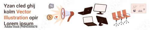 Business communication, financial planning, team collaboration, digital tools, office setup, marketing strategies. Megaphone, laptops chairs financial chart icons. Business communication