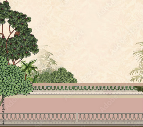 Indian Mughal hand drawn floral garden ,Traditional Mughal forest, garden, arch, peacock, bird illustration. vector mural plant wallpaper Rajasthan