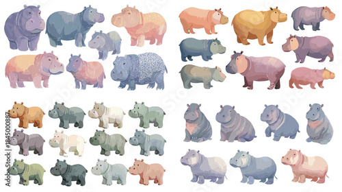 A cute watercolor collection of hippos in soft pastel colors, featuring playful poses and gentle shapes, perfect for nursery art, kids illustration, wildlife themes, and sweet creative projects.