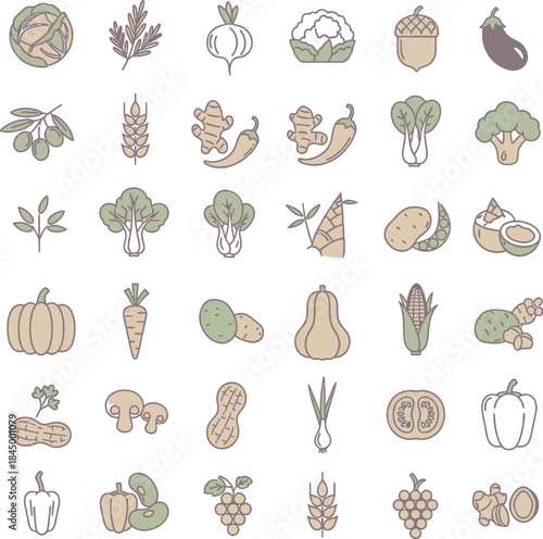 Hand Drawn Vegetable and Fruit Icons with Pastel Colors on White vegetables fruits