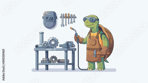 Cute Turtle Metalworker Character With Welding Tools And Workshop Equipment