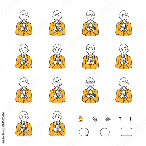 Young businessman using smartphone: Facial expressions and emotions variation set with icons (yellow)