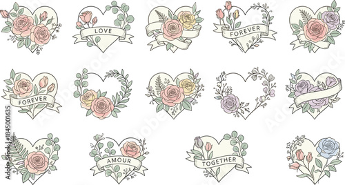 Romantic floral heart emblem collection featuring pastel roses, botanical elements, elegant love banners, vintage wedding decoration design, soft illustration beauty, romance