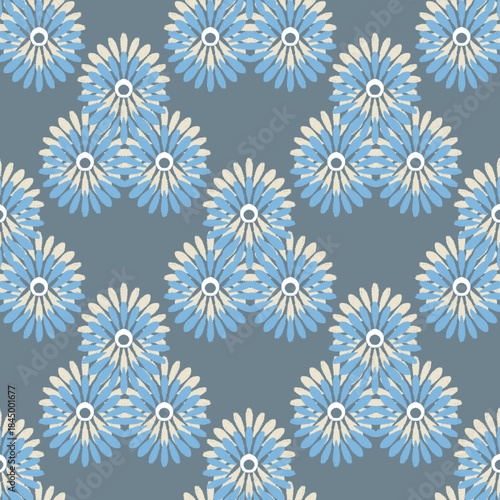 Blue and white ikat fireworks on a grey background. Ikat vintage pattern. Design for wallpaper, tapestry, textiles, tiles, rugs, pottery, and home decor. 