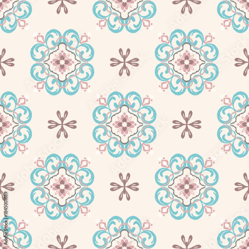Light blue and brown ikat abstract vintage seamless pattern. Ikat oriental design pattern. Ikat handmade ethnic pattern. Ideas for textiles, rugs, tiles, ceramic pottery, tapestry, and textiles. 