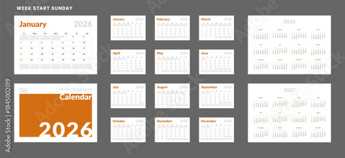 2026 Calendar Planner Set of Template grid Monthly Page, Cover with Place for Photo, Company Logo, Annual 2026, 2027. Vector layout of wall or desk organizer ready print. Week start Sunday. Pages A4