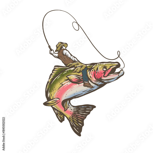 Bass Fish Jumping with Fishing Rod Vintage Vector Illustration