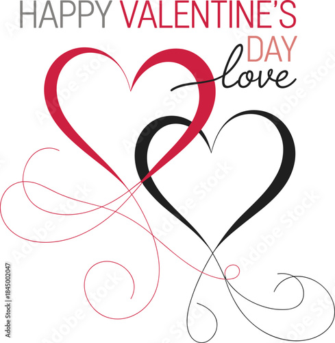 Valentine's Day greeting, intertwined hearts design, romantic celebration art, love message illustration, red black heart swirl, festive holiday graphic