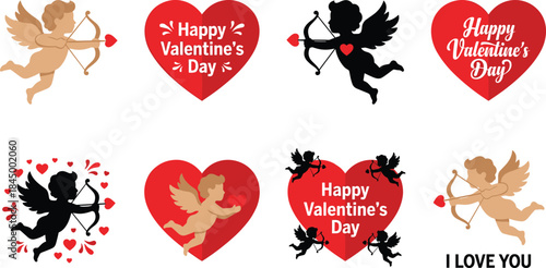 Valentine’s Day cupid illustration set with hearts, love arrows, romantic symbols, holiday greeting design elements for cards, posters, and decorations