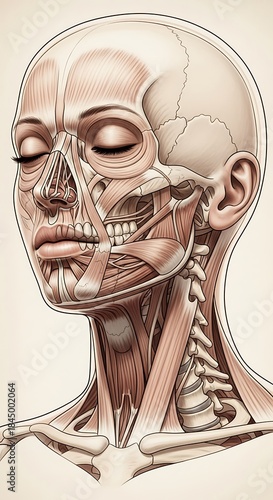 Detailed anatomical illustration depicts human head and neck musculature overlaid on the skeletal structure