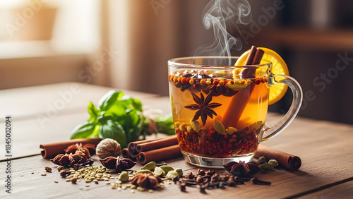 Fototapeta Naklejka Na Ścianę i Meble -  A close-up of a steaming spiced hot drink in a glass mug with cinnamon, star anise, and orange, surrounded by various aromatic spices on a wooden table.