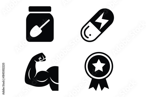 Sport supplements vector icon set, for fitness and bodybuilding, featuring whey protein powder, energy pills, pre-workout boost, muscle growth, strength training and performance icons in clean vector 