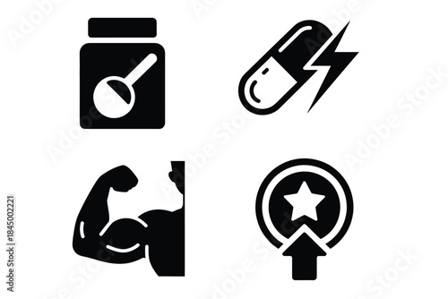 Sport supplement icons collection, including whey protein, energy pills and pre-workout items, designed for bodybuilding, fitness, muscle growth, strength training and performance 
