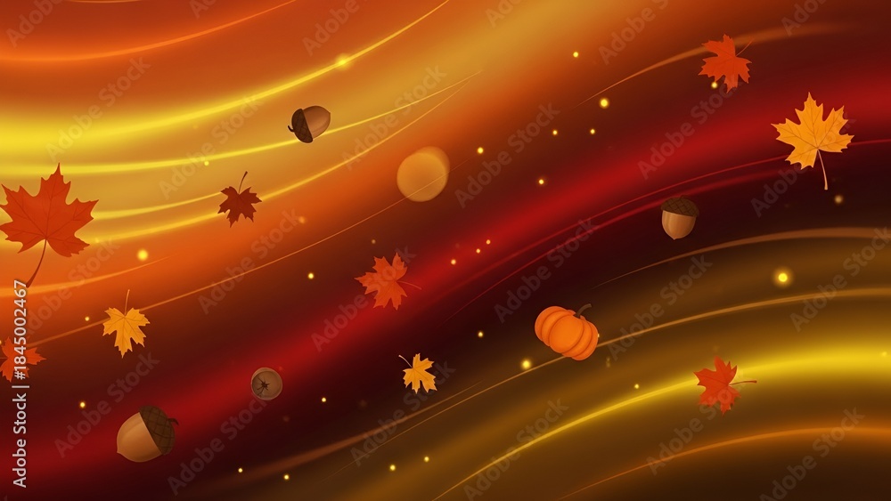 Obraz premium Whimsical autumn scene with falling leaves acorns and a pumpkin on glowing wavy lines