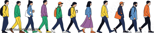 People walking in line side view urban lifestyle pedestrians commuting diversity crowd movement flat vector illustration