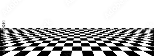 Black and white checkerboard floor in perspective. Fading checkered tile pattern background. Retro horizontal chess board grid plane surface. Vintage empty room stage checker floor