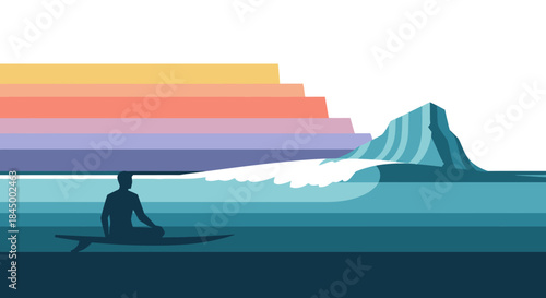 Minimalist illustration of a surfer waiting on a surfboard in the ocean with a large breaking wave and a colorful layered sunset sky