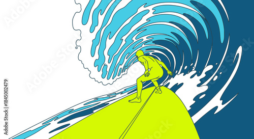 Dynamic vector illustration of a lone surfer expertly riding a powerful blue ocean wave, capturing the essence of extreme sports, adventure, and the thrill of the sea.