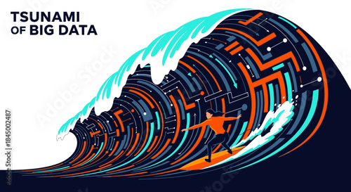 Tsunami of Big Data concept: A person surfing a huge wave of digital circuits, symbolizing the challenge and opportunity of managing vast information.