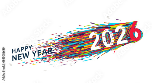 A vibrant, abstract design celebrates the arrival of Happy New Year 2026 with colorful streaking elements, symbolizing dynamic progress and festive beginnings.